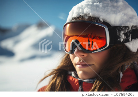 Woman wearing ski googles at ski resort. Generative AI 107694203