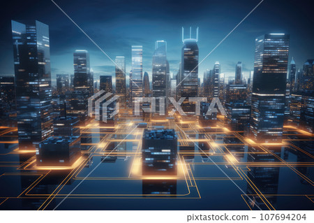 Futuristic smart city with illuminated digital connections. Generative AI 107694204