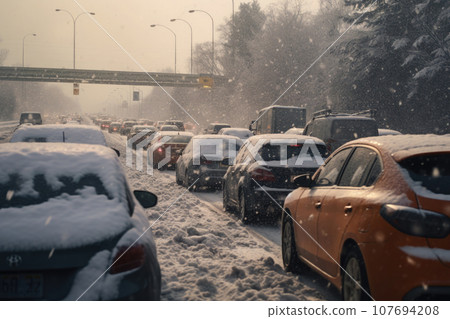Car traffic on snowy slippery road at winter season. Generative AI Car traffic on snowy slippery road at winter season. Generative AI 107694208