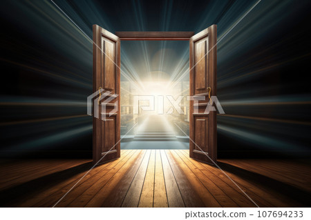 Opened doors stretching to unknown. Generative AI 107694233