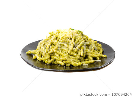 Trofie Al Pesto, Italian Pasta with Pesto Sauce, Traditional Genovese Troffie, Fusilli Pugliesi, Liguria Food Trofie Al Pesto, Italian Pasta with Pesto Sauce, Traditional Genovese Troffie, Fusilli Pugliesi, Liguria Food 107694264