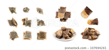Used Teabag Isolated, Old Wet Tea Bag, Biodegradable Garbage, Eco Bio Used Teabag 107694281
