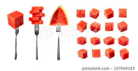 Watermelon Cuts on Forks Isolated 107694283