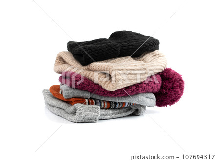 Winter Hat Isolated, Knitted Cap, Beige Winter Hat on White Background 107694317