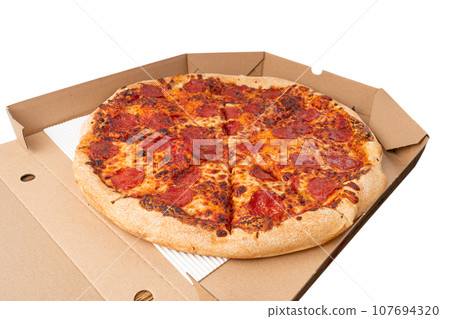 Pepperoni Pizza with Pickled Hot Jalapeno Peppers in Cardboard Delivery Box, Salami Pizza Pepperoni Pizza with Pickled Hot Jalapeno Peppers in Cardboard Delivery Box, Salami Pizza 107694320