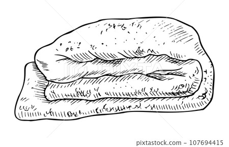 Folded white cotton Towel on isolated background. Hand drawn vector illustration of bath textile Cloth for Bathroom. Drawing of soft washcloth for Spa salon design. Linear fluffy napkin for body care. 107694415