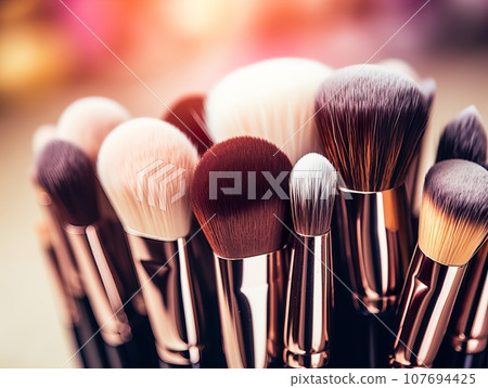 Assorted makeup brushes with copy space, beauty artist workspace, bunch of different brushes on blurred background Assorted makeup brushes with copy space, beauty artist workspace, bunch of different brushes on blurred background 107694425