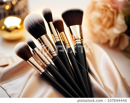 Assorted makeup brushes with copy space, beauty artist workspace, bunch of different brushes on blurred background Assorted makeup brushes with copy space, beauty artist workspace, bunch of different brushes on blurred background 107694448