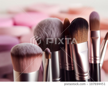 Assorted makeup brushes with copy space, beauty artist workspace, bunch of different brushes on blurred background Assorted makeup brushes with copy space, beauty artist workspace, bunch of different brushes on blurred background 107694451