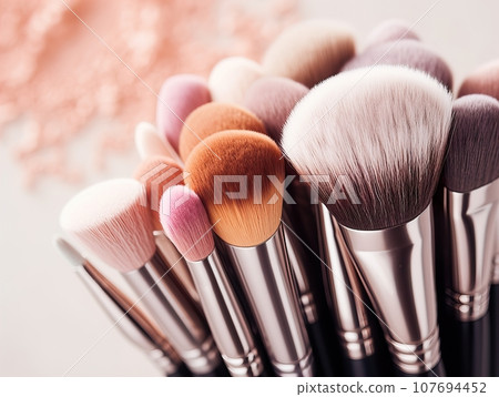 Assorted makeup brushes with copy space, beauty artist workspace, bunch of different brushes on blurred background Assorted makeup brushes with copy space, beauty artist workspace, bunch of different brushes on blurred background 107694452