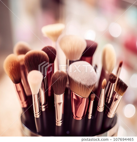 Assorted makeup brushes with copy space, beauty artist workspace, bunch of different brushes on blurred background 107694465