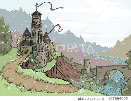 Illustration of a castle in the winter forest. Landscape with castle, river and forest. Stone bridge, Road, stone towers. and flags. For printing books, printing on children's products, website design 107694695