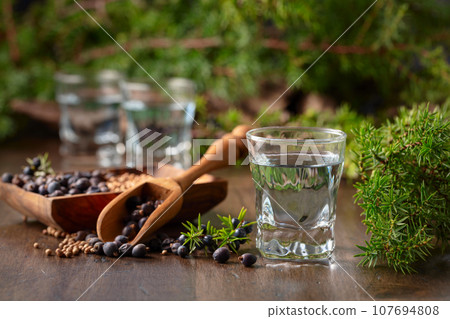 Gin with ingredients on an old wooden table. Gin with ingredients on an old wooden table. 107694808