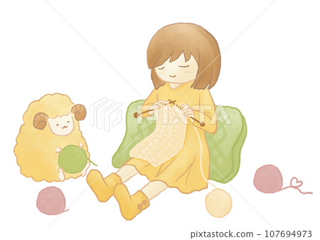 knitting girl and sheep knitting girl and sheep 107694973