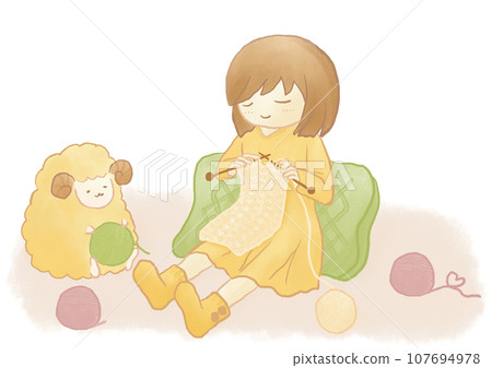 Girl and sheep knitting on the rug 107694978