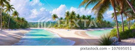 Tropical beach banner as summer landscape with beach swing or hammock, white sand and calm sea for beach background. Perfect beach scene vacation and summer holiday concept. Boost up color process. AI 107695051