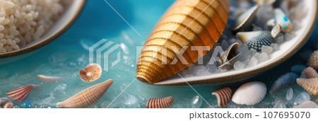 Ocean water and mollusk shells close up. Intricate seashells on seashore. Colorful summer vacation design elements. Various cockleshell for tropical cruise banner. AI Ocean water and mollusk shells close up. Intricate seashells on seashore. Colorful summer vacation design elements. Various cockleshell for tropical cruise banner. AI 107695070