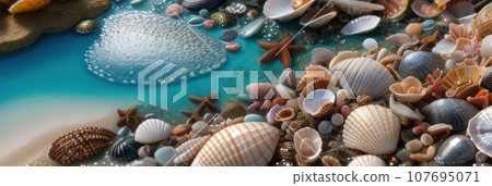 Ocean water and mollusk shells close up. Intricate seashells on seashore. Colorful summer vacation design elements. Various cockleshell for tropical cruise banner. AI 107695071