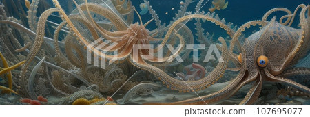 Fairy tale Magnificent octopus among the underwater picturesque landscape with marine life. Fictional sea creature. AI Fairy tale Magnificent octopus among the underwater picturesque landscape with marine life. Fictional sea creature. AI 107695077