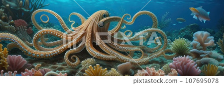 Fairy tale Octopus Under Sea Creatures Animals Octopus Natural Tentacle Giant Squid Swim Aquatic Life Water Plant Landscape Habitat Imitate Nature Underwater Fish Water Ocean Aquarium Marine. AI 107695078