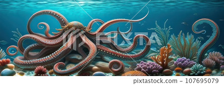 Fairy tale Octopus Under Sea Creatures Animals Octopus Natural Tentacle Giant Squid Swim Aquatic Life Water Plant Landscape Habitat Imitate Nature Underwater Fish Water Ocean Aquarium Marine. AI 107695079