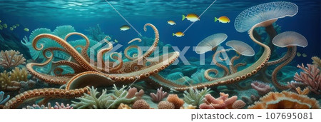 Fairy tale Magnificent octopus among the underwater picturesque landscape with marine life. Fictional sea creature. AI Fairy tale Magnificent octopus among the underwater picturesque landscape with marine life. Fictional sea creature. AI 107695081