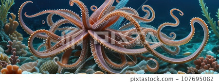 Fairy tale Magnificent octopus among the underwater picturesque landscape with marine life. Fictional sea creature. AI Fairy tale Magnificent octopus among the underwater picturesque landscape with marine life. Fictional sea creature. AI 107695082