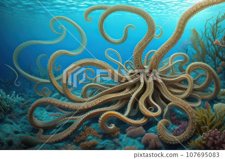 Fairy tale Magnificent octopus among the underwater picturesque landscape with marine life. Fictional sea creature. AI Fairy tale Magnificent octopus among the underwater picturesque landscape with marine life. Fictional sea creature. AI 107695083