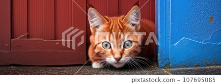 Red or orange domestic cat peeks out from around the blue corner of the room. Kitty cat is watching a person.. AI Red or orange domestic cat peeks out from around the blue corner of the room. Kitty cat is watching a person.. AI 107695085
