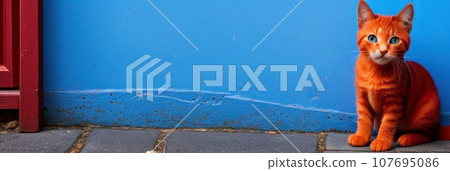 Red or orange domestic cat peeks out from around the blue corner of the room. Kitty cat is watching a person.. AI Red or orange domestic cat peeks out from around the blue corner of the room. Kitty cat is watching a person.. AI 107695086