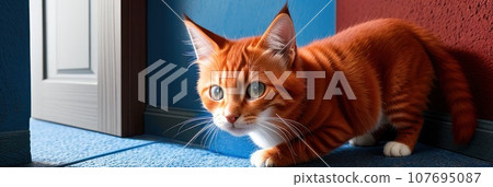 Red or orange domestic cat peeks out from around the blue corner of the room. Kitty cat is watching a person.. AI 107695087