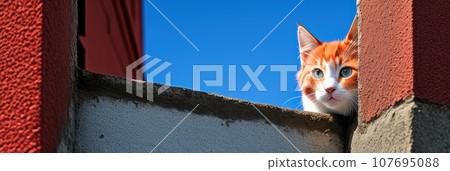 Red or orange domestic cat peeks out from around the blue corner of the room. Kitty cat is watching a person.. AI Red or orange domestic cat peeks out from around the blue corner of the room. Kitty cat is watching a person.. AI 107695088