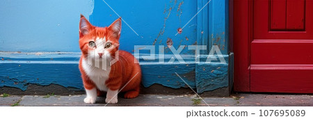 Red or orange domestic cat peeks out from around the blue corner of the room. Kitty cat is watching a person.. AI 107695089