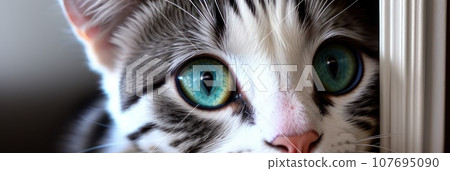 Grey stripped domestic cat peeks out from around the white corner of the room. Kitty cat is hide and watching a person.. AI Grey stripped domestic cat peeks out from around the white corner of the room. Kitty cat is hide and watching a person.. AI 107695090