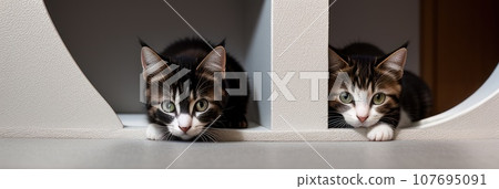 Grey stripped domestic cat peeks out from around the white corner of the room. Kitty cat is hide and watching a person.. AI Grey stripped domestic cat peeks out from around the white corner of the room. Kitty cat is hide and watching a person.. AI 107695091