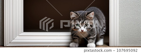 Grey stripped domestic cat peeks out from around the white corner of the room. Kitty cat is hide and watching a person.. AI Grey stripped domestic cat peeks out from around the white corner of the room. Kitty cat is hide and watching a person.. AI 107695092
