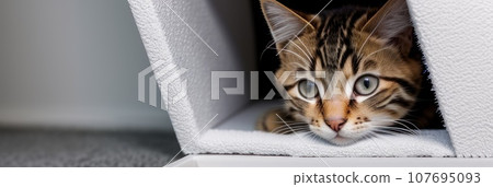 Grey stripped domestic cat peeks out from around the white corner of the room. Kitty cat is hide and watching a person.. AI Grey stripped domestic cat peeks out from around the white corner of the room. Kitty cat is hide and watching a person.. AI 107695093
