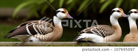 Portrait of group of white geese on a bright sunny vegetable background. Domestic goose, Anser cygnoides domesticus, in profile. Geese heads peeks out from behind. AI Portrait of group of white geese on a bright sunny vegetable background. Domestic goose, Anser cygnoides domesticus, in profile. Geese heads peeks out from behind. AI 107695097