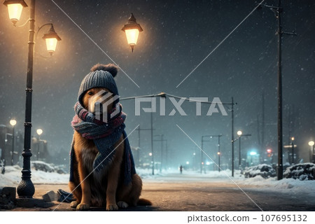 Concept of pet looks like person. Pets in winter. Dog wrapped in warm red and blue knitted scarf and hat, sitting in snow in park. Night, snow, streetlights on background. AI Concept of pet looks like person. Pets in winter. Dog wrapped in warm red and blue knitted scarf and hat, sitting in snow in park. Night, snow, streetlights on background. AI 107695132