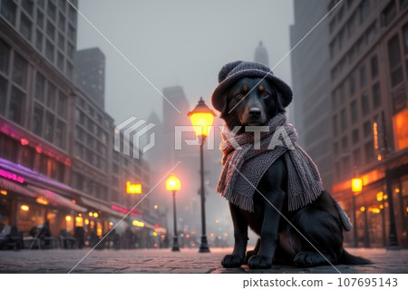 Concept of pet looks like person. Homeless Pets in winter. Dog wrapped in warm red and blue knitted scarf and hat, sitting in snow in park or city street. Night, snow, streetlights on background. AI 107695143
