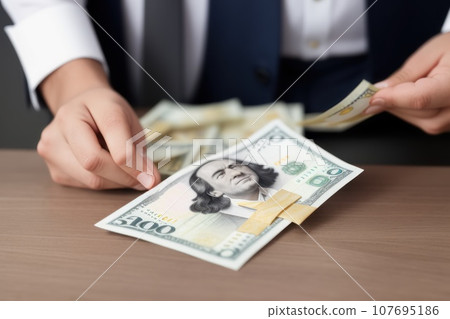 Businessman and Many hundred paper money bills on wooden table background texture. bundles of money banknotes scattered on the office desk. wealth and income concept, AI 107695186