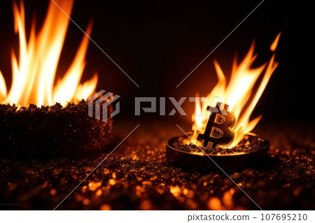 Bitcoin metal coin is burning with flame. Hot price or value and high exchange rate of crypto currency on market. Crisis and fall to lose investments due to financial risk. Money falls on ground, AI Bitcoin metal coin is burning with flame. Hot price or value and high exchange rate of crypto currency on market. Crisis and fall to lose investments due to financial risk. Money falls on ground, AI 107695210