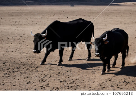 Two bulls on arena. The Bullfight two adult black male bulls battled their strength to find the strongest body to inherit the race., AI Two bulls on arena. The Bullfight two adult black male bulls battled their strength to find the strongest body to inherit the race., AI 107695218