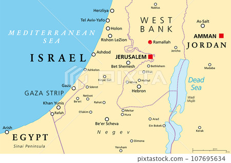 Part of the Southern District of Israel, political map, with the Gaza Strip, bottom half of West Bank, Dead Sea, and with borders and most important cities in this region. Illustration. Vector. 107695634