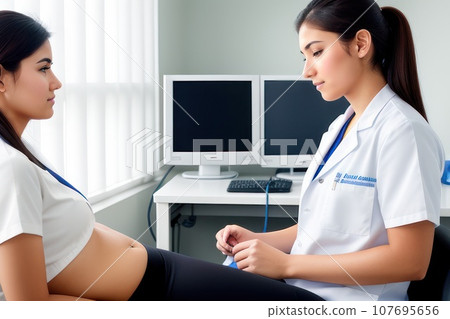 medical specialist conducts the patient reception in the hospital. adolescent athletic female with voluminous hairs take consult from m . Healthcare and wellness concept., AI medical specialist conducts the patient reception in the hospital. adolescent athletic female with voluminous hairs take consult from m . Healthcare and wellness concept., AI 107695656
