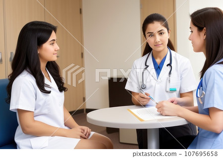 medical specialist conducts the patient reception in the hospital. adolescent athletic girl with medium hairs take consult from medical . Healthcare and wellness concept., AI 107695658
