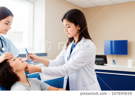 medical specialist conducts the patient reception in the hospital. adolescent athletic girl with short hairs take consult from medical . Healthcare and wellness concept., AI medical specialist conducts the patient reception in the hospital. adolescent athletic girl with short hairs take consult from medical . Healthcare and wellness concept., AI 107695659