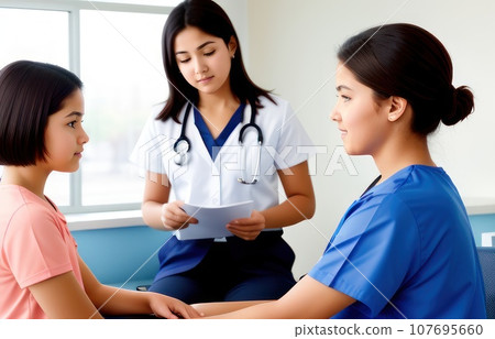 medical specialist conducts the patient reception in the hospital. adolescent athletic girl with very short hairs take consult from med . Healthcare and wellness concept., AI medical specialist conducts the patient reception in the hospital. adolescent athletic girl with very short hairs take consult from med . Healthcare and wellness concept., AI 107695660