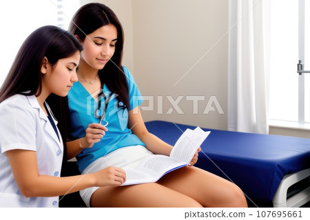 medical specialist conducts the patient reception in the hospital. adolescent athletic girl with voluminous hairs take consult from med . Healthcare and wellness concept., AI 107695661