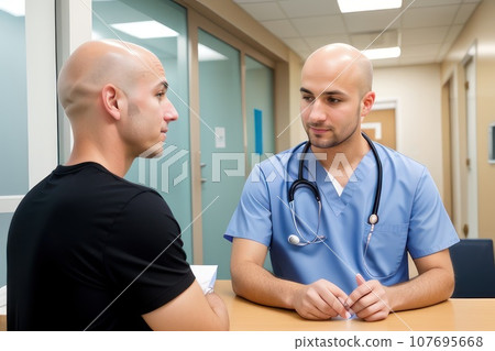 medical specialist conducts the patient reception in the hospital. adolescent athletic handsome man with bald hairs take consult from m . Healthcare and wellness concept., AI 107695668